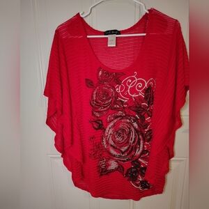 French Atmosphere Size 1x Women's Rose, Netting, Off The Shoulder Drapey Top